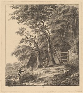 En fisker og to barn i et landskap med hytter med stråtak, 1764. av Salomon Gessner
