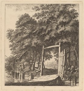 En rustikk port ved siden av en innsjø, 1764.