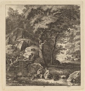En hyrde og en ung kvinne med føttene i en bekk, 1764.