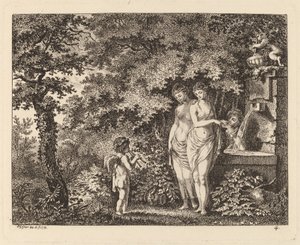 Eros med tre jenter ved en fontene