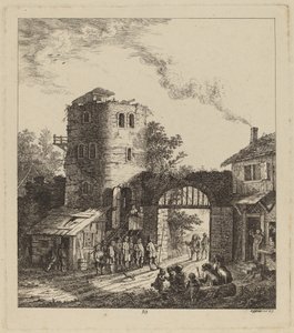Landsbyboere ved en byport som hilser på en dignitær av Salomon Gessner