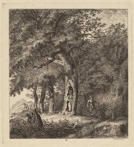 Skoglandskap med en nymfe og en satyr av Salomon Gessner