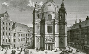 Utsikt over Peterskirche, Wien, gravert av Johann Bernard Hattinger