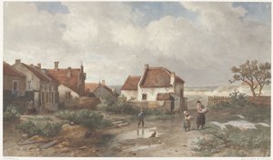 Hus på kanten av en landsby i sanddynene av Salomon Leonardus Verveer