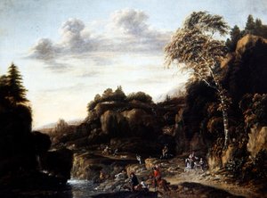Skoglandskap med hjortjakt ved en elv, ca. 1690 (olje på lerret)