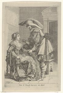 Mann tilbyr en kvinne en mynt Dats de Bruydt daermen om danst (tittel på objekt) av Salomon Savery