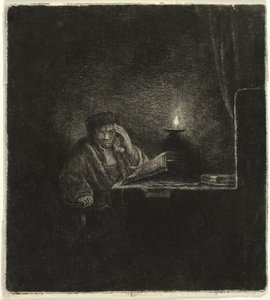 Student ved et bord ved levende lys av Salomon Savery