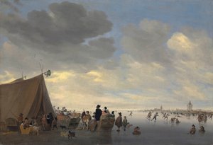 Skatere på den frosne elven Lek, byen Vianen utenfor, 1653