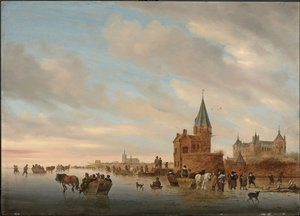 Vinterlandskap med isfornøyelser foran en Capriccio av byen Arnheim, 1652 av Salomon van Ruisdael or Ruysdael