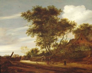 Skoglandskap med barn som leker på veien ved en hytte, 1658
