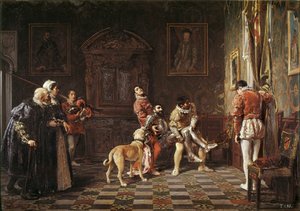 "" Return of the tournament "" En ung ridder gjør vondt blir brakt tilbake til palasset, støttet av to sider. Maleri av Salvador Martinez Cubells (1845-1914) 1881 Valencia. Museum of Bellas Artes San Pio