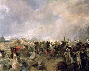 Slaget ved Guadalete detalj om goternes flukt fra kommandoen til kong Roderic i nærvær av det muslimske kavaleriet til Tarik Ibn Ziyad, 711 AD (olje på lerret) (detalj)