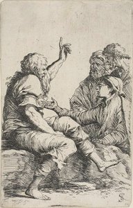 En skjeggete gammel mann satt på en stein og gjorde en hortatory gest mot tre menn overfor ham, fra Figurine-serien av Salvator Rosa