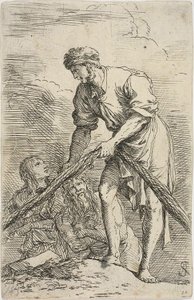 En menn som trekker et nett, med to figurer bak seg, fra Figurine-serien av Salvator Rosa