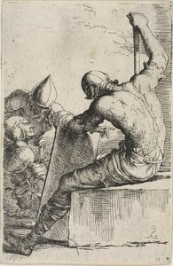 En kriger, som sitter på en forgrunnsblokk, holder et skjold og stav og snur seg mot to krigere bak seg, fra Figurine-serien av Salvator Rosa