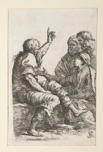 En gammel mann snakker med tre menn av Salvator Rosa
