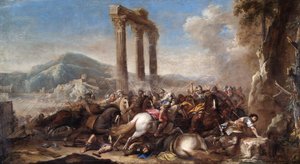Kampscene med klassisk søylegang av Salvator Rosa
