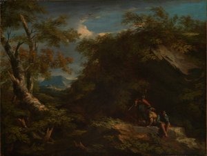 Fjellrikt skoglandskap med hvilende krigere av Salvator Rosa