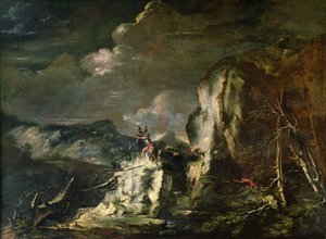 Steinete landskap med en jeger og krigere av Salvator Rosa