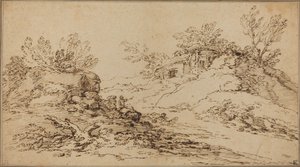 Steinete landskap med et rustikk hus av Salvator Rosa