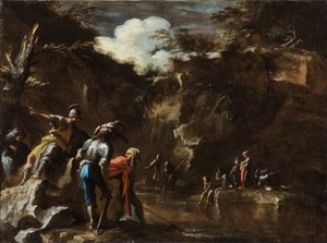 Scene fra gresk historie: Thales får elven til å renne på begge sider av den lydiske hæren av Salvator Rosa