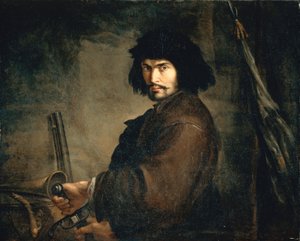 Selvportrett kledd som kriger, av Salvator Rosa (1615-1673), olje på lerret, 94x107 cm av Salvator Rosa