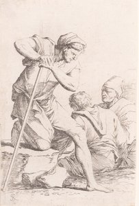 To menn sitter og en annen mann holder en stav knelende på en stein, fra serien, ca. 1656-1657. av Salvator Rosa