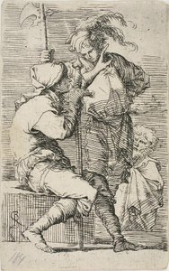 To krigere, den ene holder et sverd, den andre en hellebard; en gammel skjeggete mann bak dem, fra Figurine av Salvator Rosa