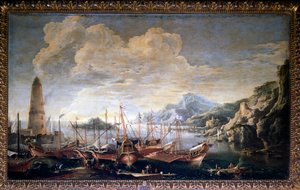 Utsikt over en havn - olje på lerret av Salvator Rosa