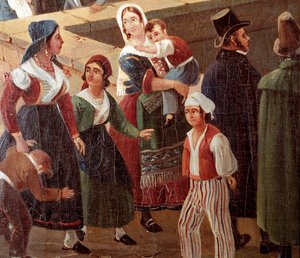 Tradisjonelle napolitanske kostymer: vanlige mennesker Detalj av et maleri av Salvatore Fergola (1799-1877) 1859 Nasjonalmuseet i San Martino Napoli