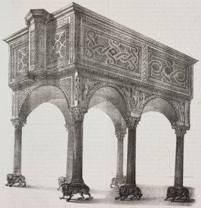 Gammel ambo i Sessa Aurunca-katedralen, Campania, Italia, litografi av Salvatore Puglia etter tegning av Pasquale Mattei (1813-1879) fra Poliorama Pittoresco, n 43, 31. mai av Salvatore Puglia