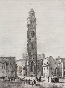 Klokketårnet til Gaeta-katedralen, Lazio, Italia, litografi av Salvatore Puglia etter tegning av Pasquale Mattei (1813-1879), fra Poliorama Pittoresco, n 48, 6. juli av Salvatore Puglia
