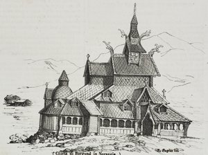 Borgund stavkirke, Norge, litografi av Salvatore Puglia fra Poliorama Pittoresco, n 40, 14. mai