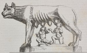 Capitoline hun-ulv, bronsestatue, Roma, Lazio, Italia, litografi av Salvatore Puglia fra Poliorama Pittoresco, n 25, 25. januar