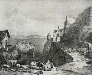 Castle of Parga, Albania, litografi av Salvatore Puglia fra Poliorama Pittoresco, n 9, 9. oktober
