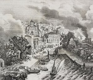 Ødeleggelse av Pointe--Pitre under jordskjelvet 8. februar av Salvatore Puglia