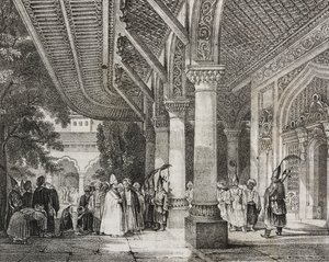 Inngangshallen til Serraglio, Tyrkia, fra historieharem i øst, litografi fra Poliorama Pittoresco, n 12, 28. oktober av Salvatore Puglia
