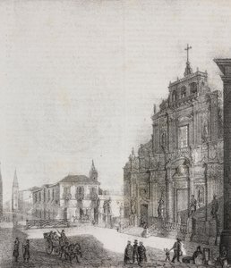 Fasade av basilikaen San Sebastiano i Acireale, Sicilia, Italia, litografi av Salvatore Puglia fra Poliorama Pittoresco, n 39, 3. mai av Salvatore Puglia