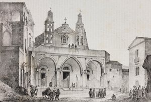 Fasade til katedralen i Sessa Aurunca, Campania, Italia, litografi av Salvatore Puglia etter tegning av Pasquale Mattei (1813-1879) fra Poliorama Pittoresco, n 42, 24. mai av Salvatore Puglia