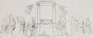 Fontignano Nativity, Adoration of Shepherds, litografi av Salvatore Puglia etter maleri av Pietro Perugino (ca. 1450-1523) fra Poliorama Pittoresco, n 42, 24. mai av Salvatore Puglia