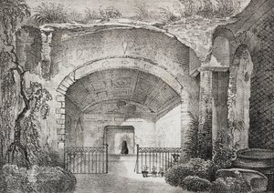 Hall i gammel villa til Prince of Caposele i Formia, Lazio, Italia, litografi av Salvatore Puglia fra Poliorama Pittoresco, n 23, 11. januar av Salvatore Puglia