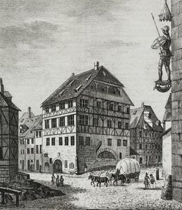 House of Albrecht Durer (1471-1528) i Nürnberg, Tyskland, litografi av Salvatore Puglia fra Poliorama Pittoresco, n 31, 12 mars