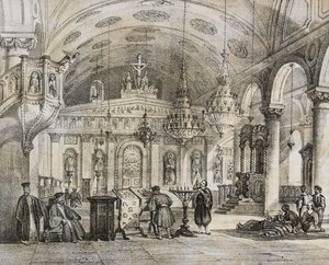 Interiør i den greske kirken Baloukli, nær Konstantinopel, Tyrkia, litografi av Salvatore Puglia fra Poliorama Pittoresco, n 28, 15. februar av Salvatore Puglia