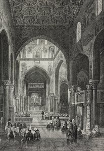 Interiør av Palatine Chapel i Palazzo dei Normanni eller Royal Palace i Palermo, Sicilia, Italia, litografi av Salvatore Puglia fra Poliorama Pittoresco, n 41, 21. mai av Salvatore Puglia