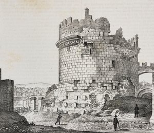 Mausoleet til Cecilia Metella på Via Appia, Roma, Lazio, Italia, litografi av Salvatore Puglia fra Poliorama Pittoresco, n 20, 21. desember av Salvatore Puglia