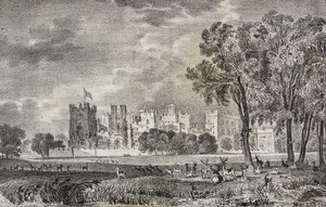 Raby Castle, Durham, England, Storbritannia, litografi av Salvatore Puglia fra Poliorama Pittoresco, n 42, 27. mai av Salvatore Puglia
