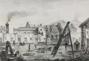 Kongelig mekanisk fabrikk (Royal Mechanical Factory) i Pietrarsa, Campania, Italia, litografi av Gaetano Riccio fra Poliorama Pittoresco, n 39, 7. mai av Salvatore Puglia