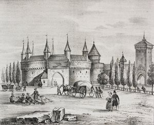 St Florians port, Krakow, Polen, litografi av Salvatore Puglia fra Poliorama Pittoresco, n 22, 4. januar av Salvatore Puglia