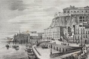 Utsikt over Borgo Santa Lucia, Napoli, Campania, Italia, litografi av Salvatore Puglia fra Poliorama Pittoresco, n 36, 15. april av Salvatore Puglia