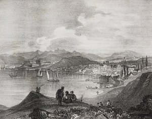 Utsikt over Korfu fra Mount Oliveto, De joniske øyer, Hellas, litografi av Salvatore Puglia fra Poliorama Pittoresco, n 25, 25. januar av Salvatore Puglia